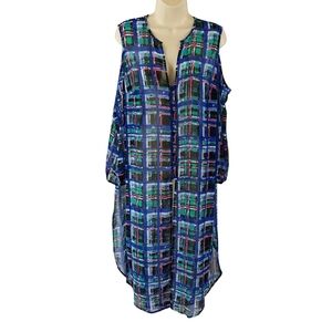 I Love Ronson Plaid Blue and Green Cold Shoulder  Swim Coverup Duster Tunic Top